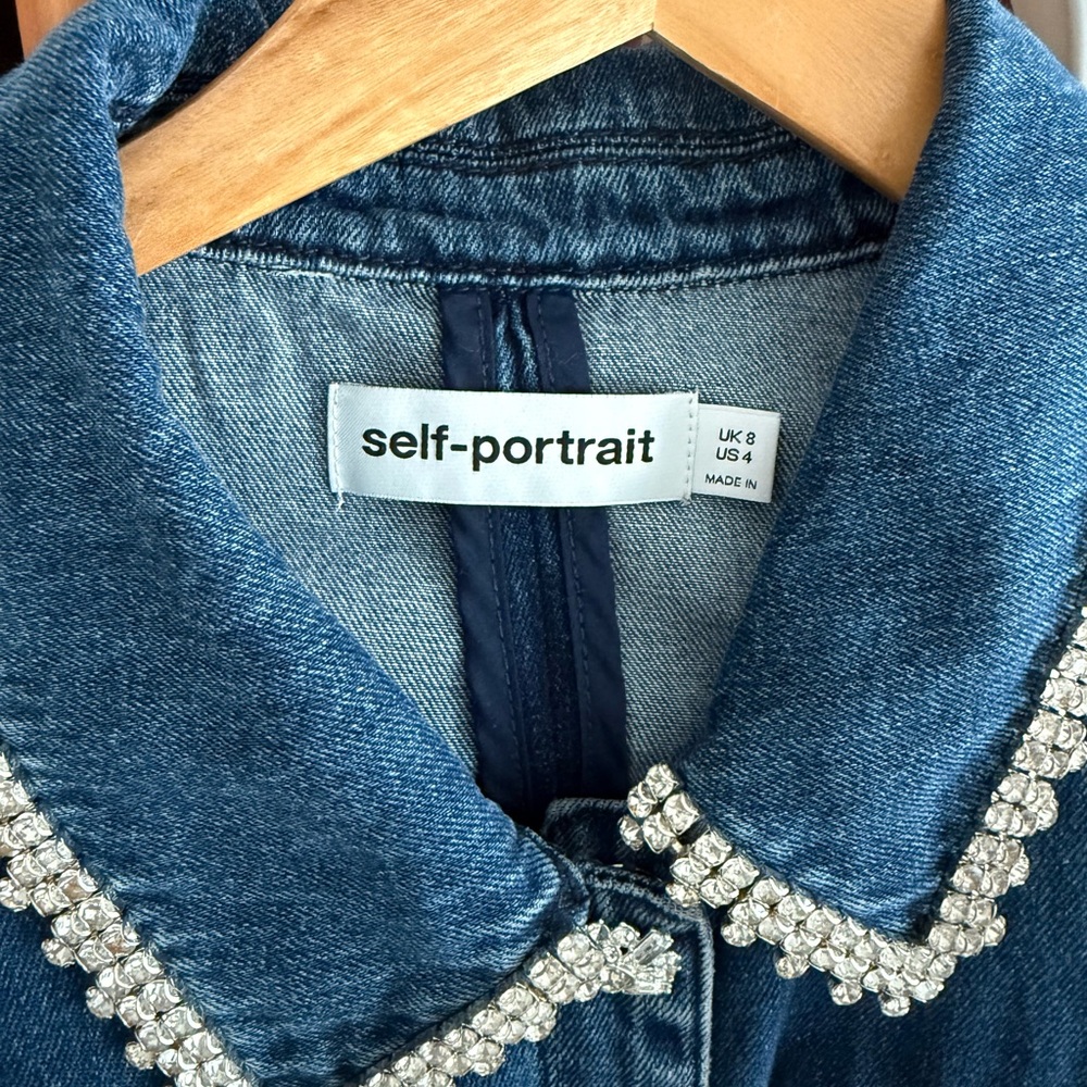 Self-Portrait Dark Blue Denim Mini Dress with Pearl Trim - Picture 6 of 6